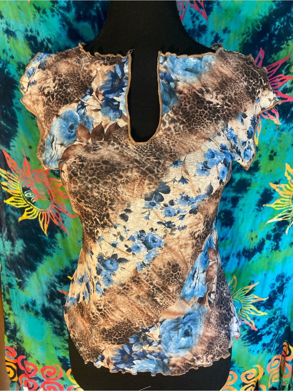 VTG Anxiety Cafe Y2K Floral-Print Tank Top in Blue and Brown Fairy Cottagecore
